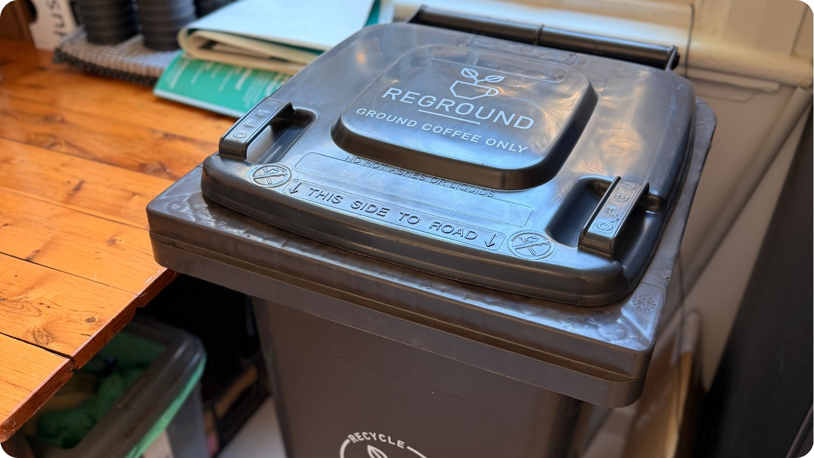 A Reground collection bin for used coffee grounds at the Eco Hub.